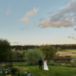 Bride and groom hand in hand in a large grassy field with their backs to the camera