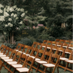 Rows of wooden chairs with white cushioned seats